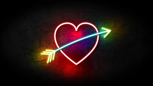 Heart neon sign turning on and flickering on grunge wall with copy space, Love neon sign loop full hd and 4k. Valentine's day background. love and romance concept. heart with arrow neon sign loop.
