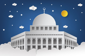 Obraz premium Mosque Vector Illustration. Mosque Paper Art Style. Ramadan Kareem Paper Art and Craft Style. Islamic Background. Mosque.
