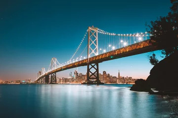  De horizon van San Francisco met Bay Bridge bij schemering, Californië, de V.S © JFL Photography