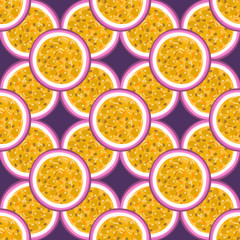 Seamless pattern with tropical fruits. Healthy dessert. Fruity background. Passion fruit. Exotic food. Wrapping, print on clothes, wallpaper, summer banner. Vector illustration, eps10