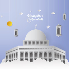 Ramadan Mubarak Greeting Card design with mosque and lantern vector Illustration. Ramadan Mubarak Greeting Card Background. Mosque Vector Illustration. Paper art and craft style. Ramadan Kareem.