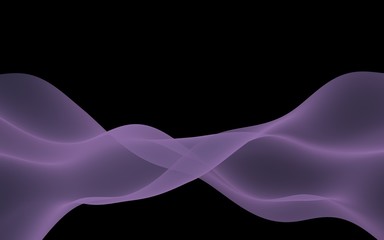 Abstract purple wave. Raster air background. Bright purple ribbon on dark background. Purple scarf. Abstract smoke. 3d illustration