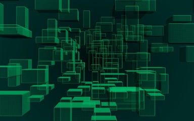 Green and dark abstract digital and technology background. The pattern with repeating rectangles. 3D illustration