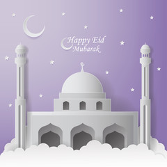 Happy Eid Mubarak Greeting Card design with mosque and lantern vector Illustration. Happy Eid Mubarak Greeting Card Background. Mosque Paper art Illustration. Paper art and craft style.
