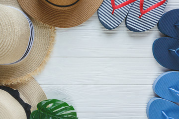Straw hats with ribbon and bow on white background. Set beach hats, summer accessory, close up, top view, summer sale concept