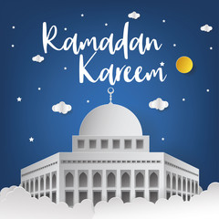 Ramadan Kareem Background with Mosque Vector Illustration. Ramadan Kareem Greeting Card. Paper Art and Craft Style. Mosque Vector Illustration. Mosque.