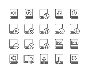 Editable simple line stroke vector icon set,Various book style collections, Multimedia, Organizer,, E-Reader, Audiobook and more.48x48 Pixel Perfect.