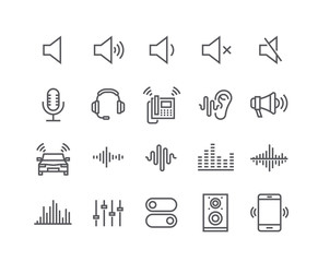 Editable simple line stroke vector icon set,Sound Voulme Process, audio wave, soundbeat, speaker and more. 48x48 Pixel Perfect.