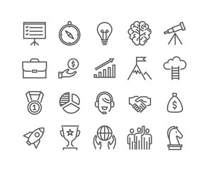 Editable simple line stroke vector icon set,Universal startup, Career, Misson, Teamwork, Business Awards and more. 48x48 Pixel Perfect.