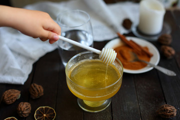 honey and cinnamon on dark wooden background