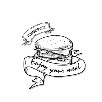 fast food hamburger drawing object black white 