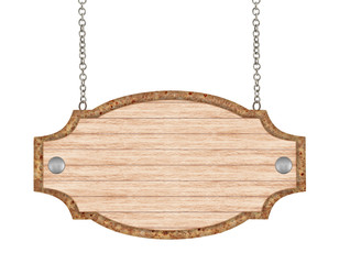 empty wooden sign with chain isolated on white