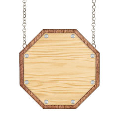 Wooden sign hexagonal with chain isolated on white