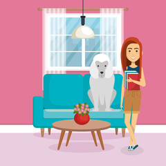 young woman with mascot in the house vector illustration design