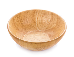 Close up new empty wooden bowl an isolated on white background