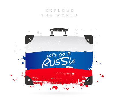 Suitcase with the flag of Russia. Lettering
