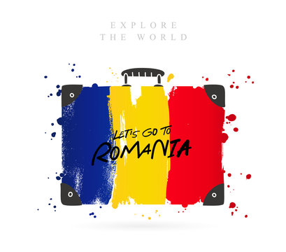 Suitcase with the flag of Romania. Lettering