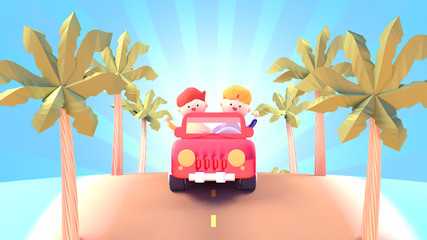Summer road trip along the beach with palm trees by the sides. Two young people in the car. 3d rendering picture.