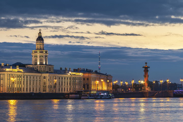 Obraz premium Saint Petersburg sunrise city skyline at Palace Bridge and Rostral Column, Saint Petersburg, Russia