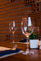 Empty Wine Glasses on table in restaurant