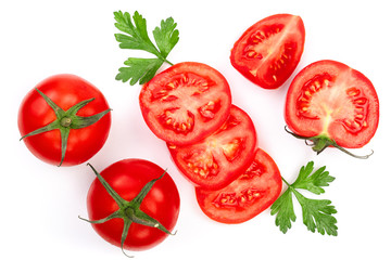 Fototapeta premium tomatoes with parsley leaves isolated on white background. Top view. Flat lay