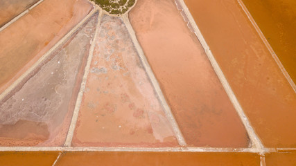 Earth's line. A drone vertical perspective of the ground's colors and shapes. Salt flats at Colonia de Sant Jordi, Ses Salines, Mallorca, Spain