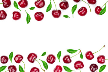 Sweet red cherries isolated on white background with copy space for your text. Top view. Flat lay pattern
