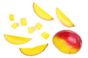 Naklejka na ściany i meble Mango fruit and slices isolated on white background close-up. Top view. Flat lay