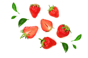 Strawberries decorated with green leaves isolated on white background. Top view. Flat lay pattern
