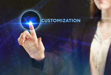 The concept of business, technology, the Internet and the network. A young entrepreneur working on a virtual screen of the future and sees the inscription: Customization