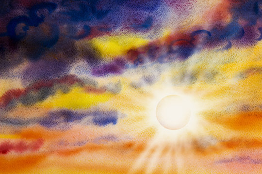 Painting art watercolor landscape of sun beauty in nature