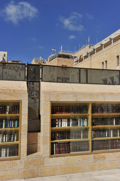 A shelf with Torah scrolls near the Western Wall in Jerusalem