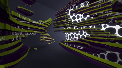 Abstract interior of the future in a minimalist style with colored sculpture. Night view from the backligh. Architectural background. 3D illustration and rendering