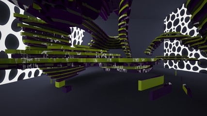 Abstract interior of the future in a minimalist style with colored sculpture. Night view from the backligh. Architectural background. 3D illustration and rendering