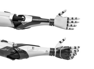 3d rendering of two robot arms with hands relaxed and open for handshake.