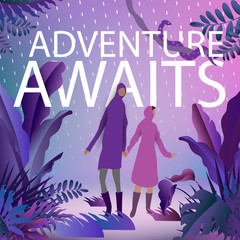 Purple poster of wanderlust the adventure awaits with  couple in tropical jungle outdoor landscape