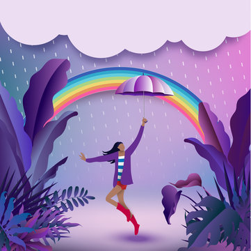 Cheerful Girl Holding An Umbrella And Hiding From The Rain And Dancing In Tropical Jungle Forest