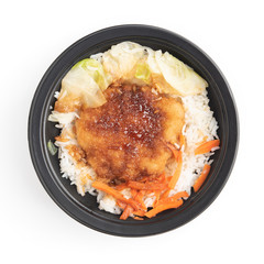 Japanese food, Rice with Pork Cutlet (Tonkatsu) on white background.