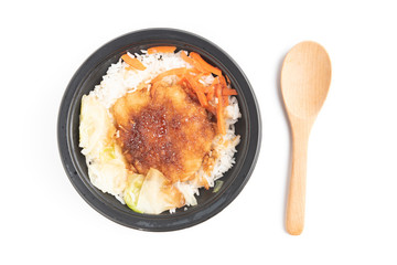 Japanese food, Rice with Pork Cutlet (Tonkatsu) on white background.