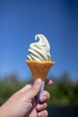 Hand holding Wasabi ice cream cone on blue sky background.