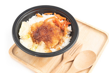 Japanese food, Rice with Pork Cutlet (Tonkatsu) on white background.