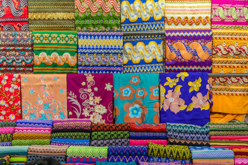 Colorful Myanmar Traditional Sarongs on Sale In Market
