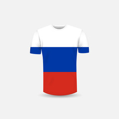 Men's T-shirt icon and Russia flag background.Round neck Jersey background.Front view.Shadows and highlights mock-up templates.White jersey mock up template design.Vector Illustration