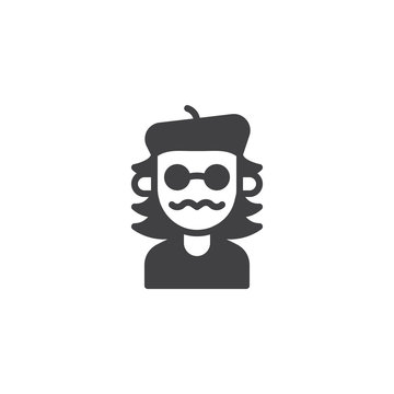 Artist portrait vector icon. filled flat sign for mobile concept and web design. Painter artist in hat and glasses simple solid icon. Symbol, logo illustration. Pixel perfect vector graphics