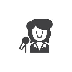 Singer female vector icon. filled flat sign for mobile concept and web design. Woman with microphone simple solid icon. Symbol, logo illustration. Pixel perfect vector graphics