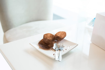 Dessert plate is eaten on the table.