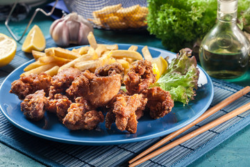 Crispy chicken karaage served with french fries