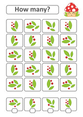 Counting game for preschool children. The study of mathematics. With a place for answers. Simple flat isolated vector illustration.