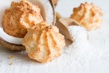 Coconut cookies on white background with fresh copra
