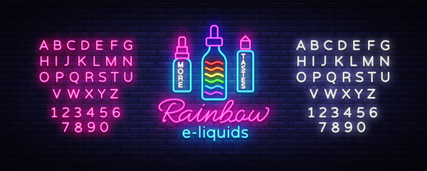 Vape Shop Logo Neon Vector. Rainbow e-liquids concept, Vape neon sign design template, light banner, night bright advertising for Vaping store, Trendy modern design. Vector. Editing text neon sign